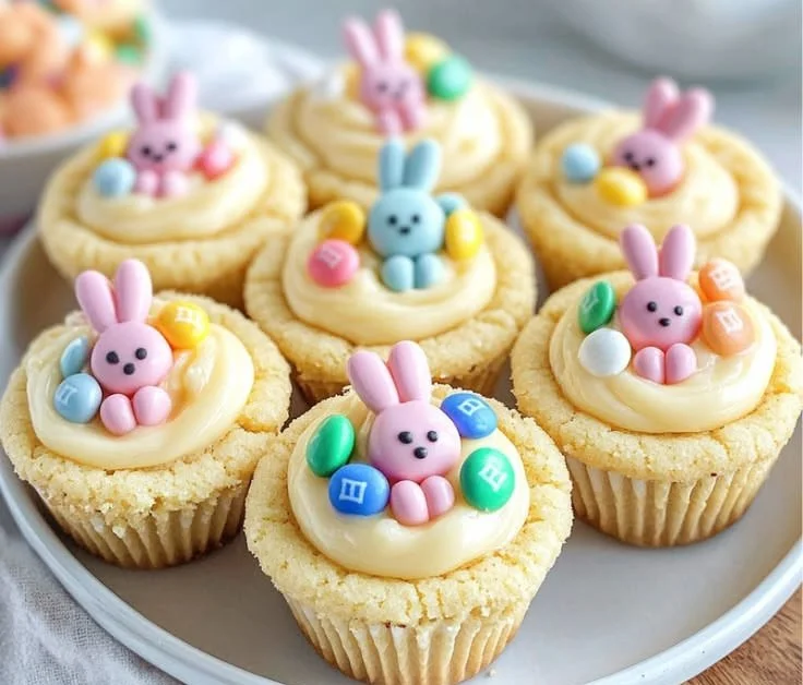 Easter Bunny sugar cookie cups decorated with pastel colors and edible bunny faces