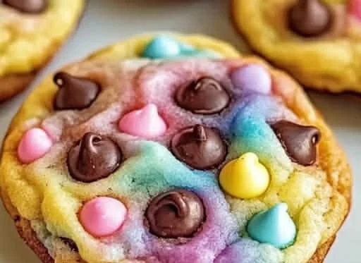 Plate of soft and chewy Easter chocolate chip cookies with colorful sprinkles