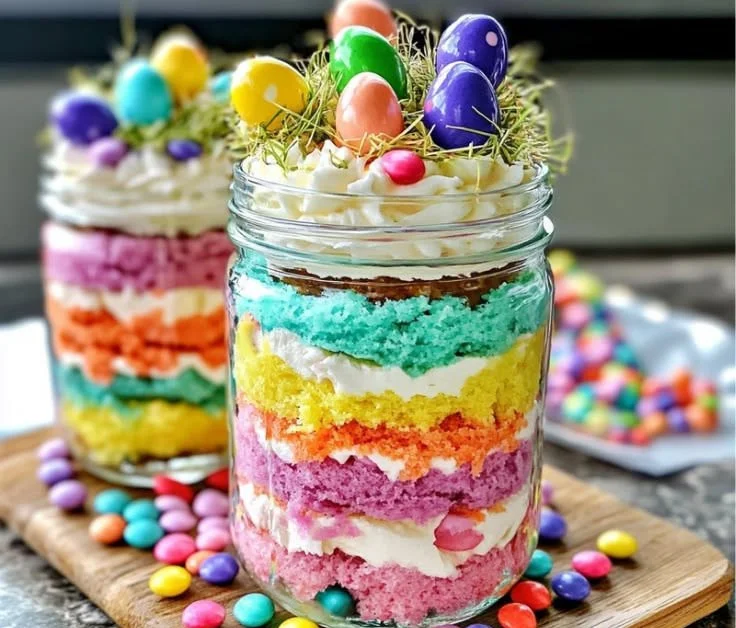 Layers of colorful Easter jar cake decorated for spring celebrations