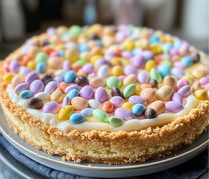 Easter sugar cookie pie with colorful decorations and sprinkles.