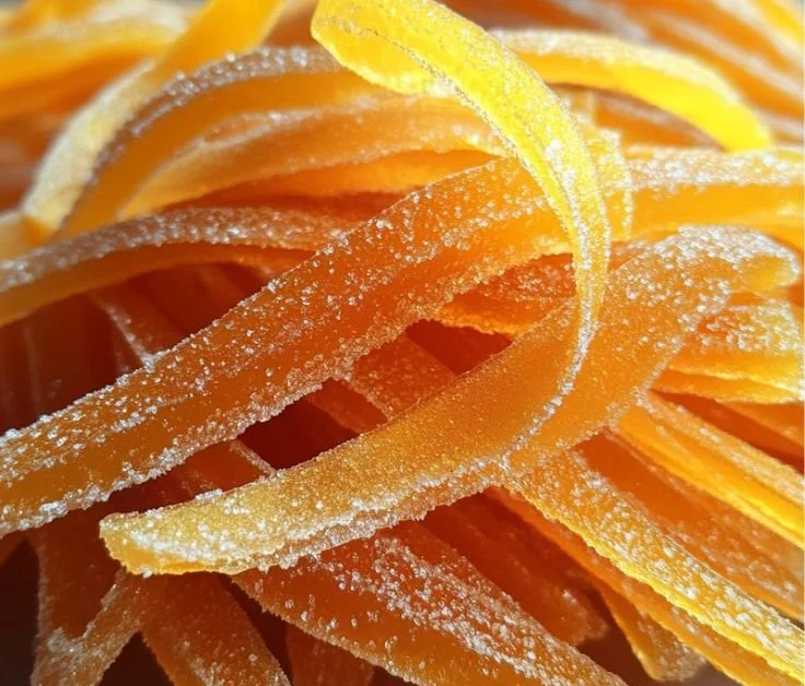 Homemade candied orange peel in a bowl ready for snacking or baking.