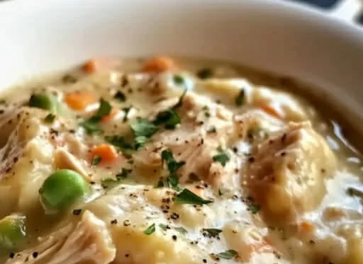 A bowl of easy chicken and dumplings served with herbs