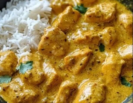 Delicious easy Chicken Korma served in a bowl with herbs and rice