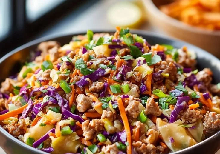 A bowl of easy egg roll ingredients topped with sesame seeds and green onions