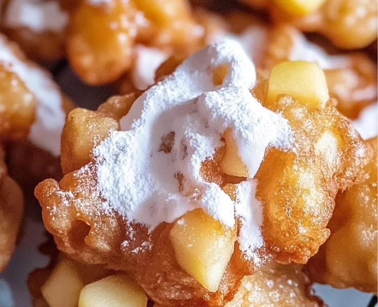 Homemade apple fritters fresh out of the fryer, glazed and ready to enjoy.
