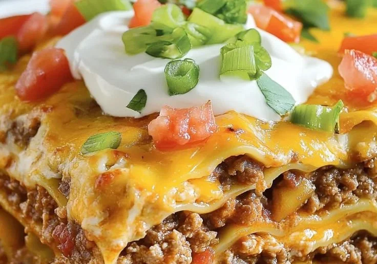 Delicious easy Mexican lasagna layered with cheese, beans, and spices.