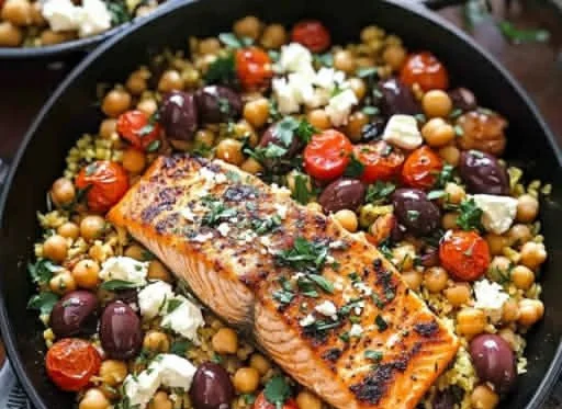 Easy One-Pan Mediterranean Salmon dish with vibrant vegetables