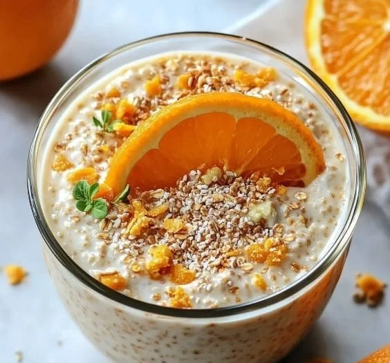 Bowl of orange creamsicle overnight oats topped with orange zest and whipped cream