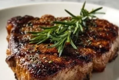 Juicy ribeye steak cooked in the oven, garnished with herbs and spices