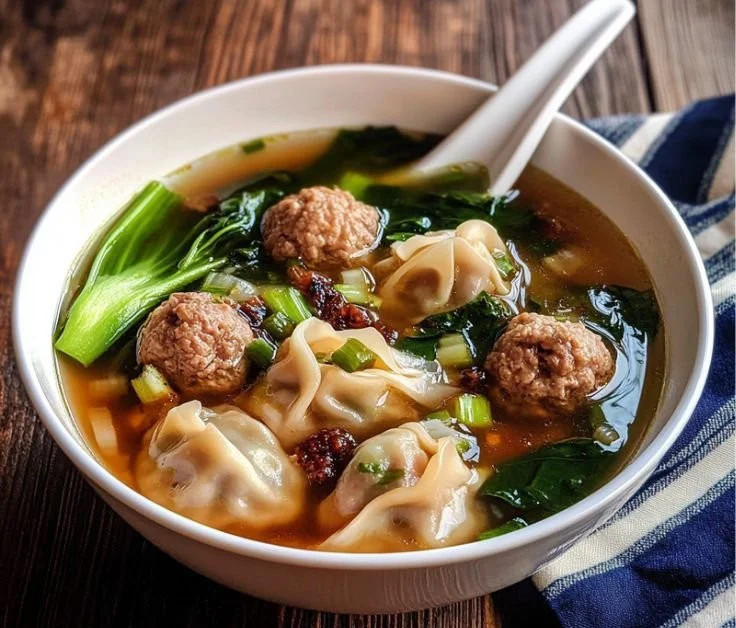 Bowl of homemade easy wonton soup with fresh vegetables and dumplings