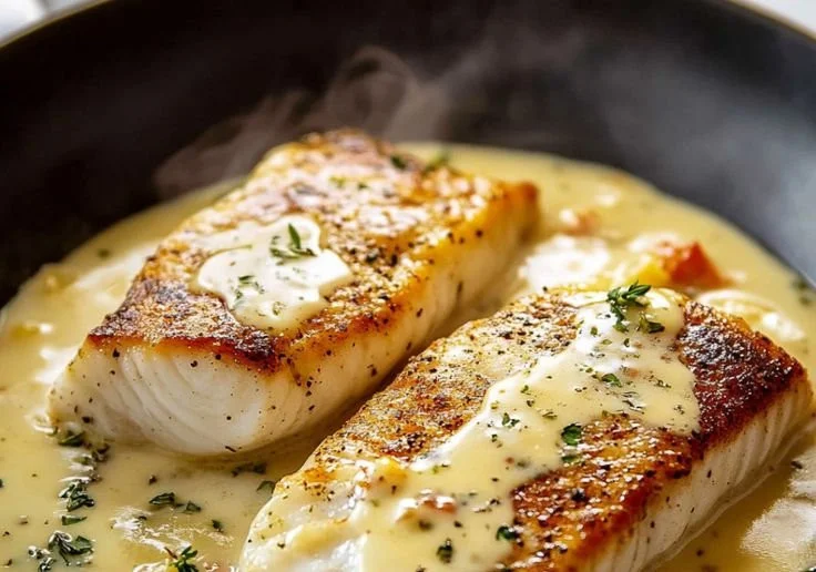 Delicious fish cooked in a creamy white wine sauce served on a plate.