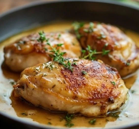 Delicious French Mustard Chicken served with a creamy sauce