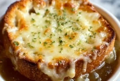 Delicious bowl of homemade French onion soup topped with melted cheese.