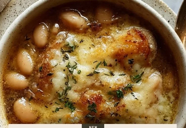Bowl of French Onion Soup with Butter Beans, garnished with melted cheese and herbs.