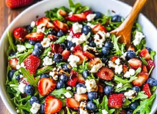 Fresh arugula salad topped with vibrant berries and a light dressing