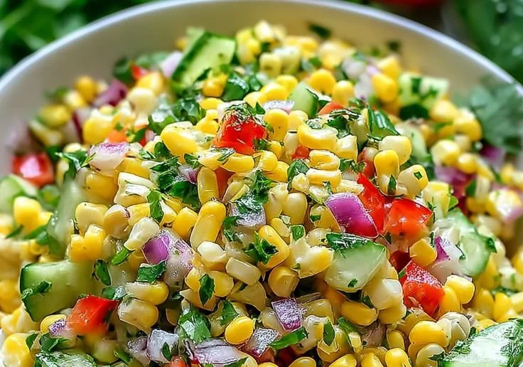 Fresh corn salad with bell peppers and zesty lime dressing in a bowl.