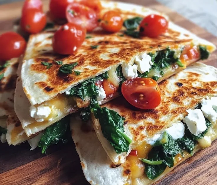 Delicious fresh Mediterranean quesadillas filled with colorful ingredients