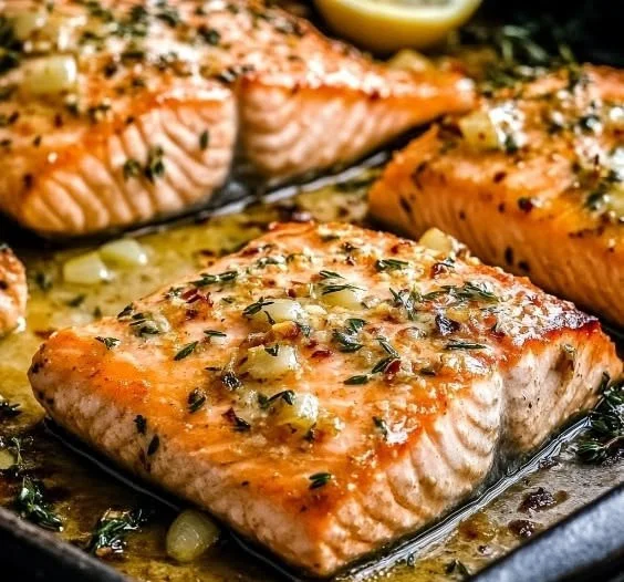 Delicious garlic butter baked salmon fillet garnished with herbs