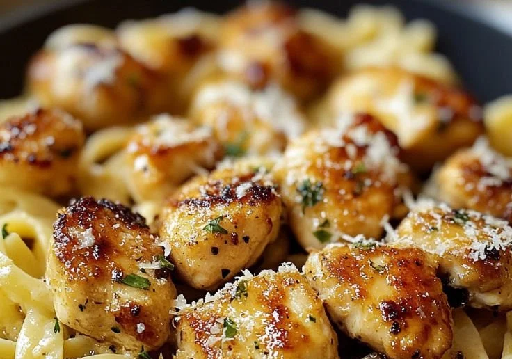 Garlic Butter Chicken Bites served with creamy Parmesan pasta, a delicious meal.