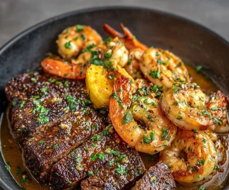 Juicy Garlic Butter Steak and Shrimp served with herbs and sides