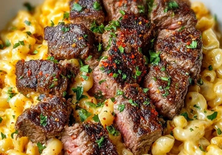 Delicious Garlic Butter Steak Mac and Cheese with steak pieces and cheese melt.