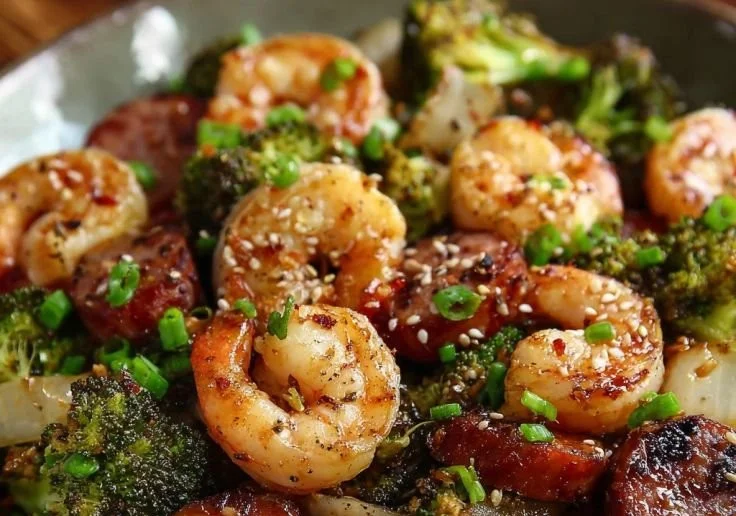Delicious Garlic Honey Shrimp and Sausage Skillet served in a pan