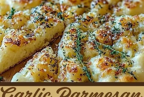 Freshly baked Garlic Parmesan Focaccia bread topped with herbs and cheese