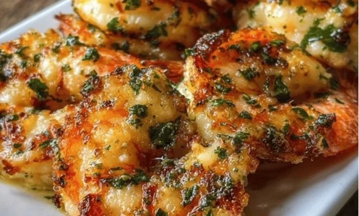 Garlic Parmesan Roasted Shrimp served with herbs and lemon