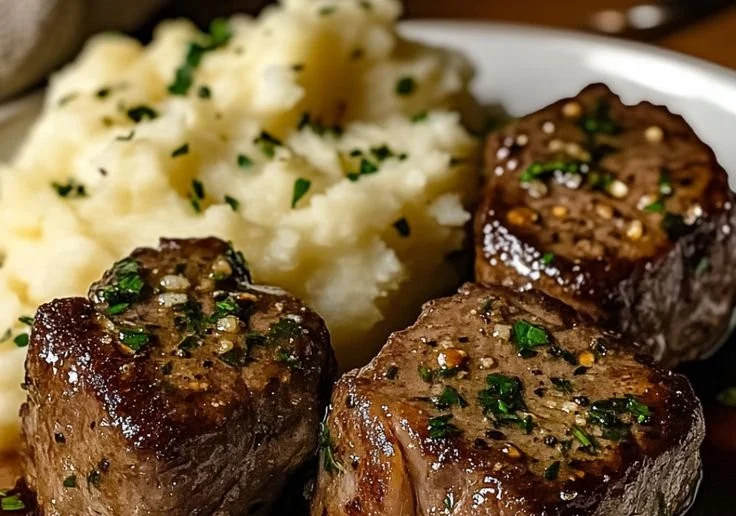 Plate of Garlic-Parmesan Steak Bites served with creamy mashed potatoes