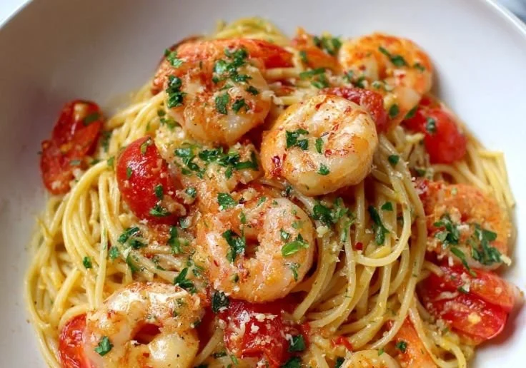 Delicious Garlic Tomato Shrimp Spaghetti plated with herbs and spices