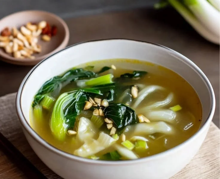 Bowl of Ginger Garlic Bok Choy Soup garnished with herbs and spices