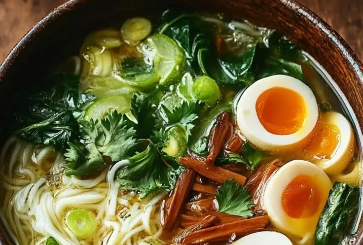 Bowl of Ginger Garlic Broth with Noodles, garnished with fresh herbs.