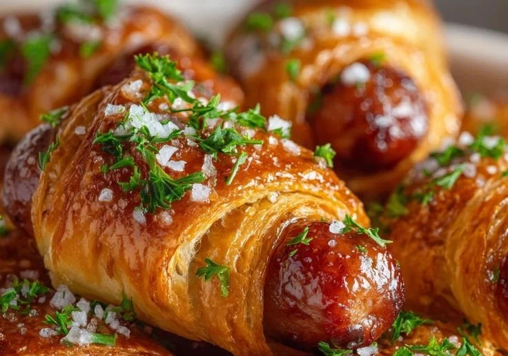 Delicious glazed pigs in blanket served on a platter.