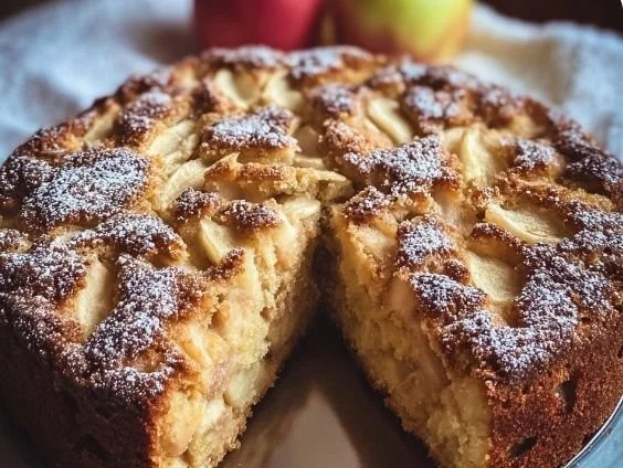 Gluten-free almond flour apple cake served on a wooden table