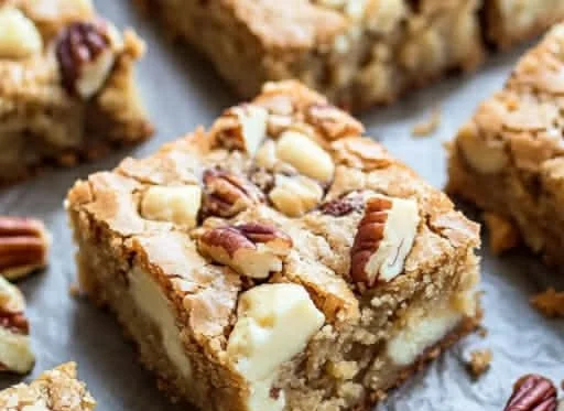 Gooey white chocolate butter pecan blondies on a white plate