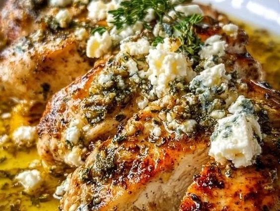 Greek Lemon and Feta Chicken dish served with herbs and vegetables