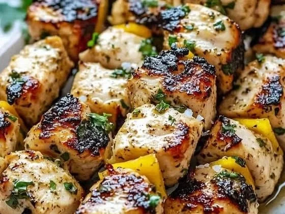 Delicious Greek marinated chicken kabobs on a grill ready to serve
