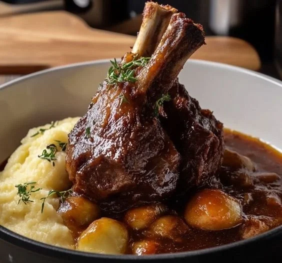 Delicious Greek-style braised lamb shanks served with herbs and sauce