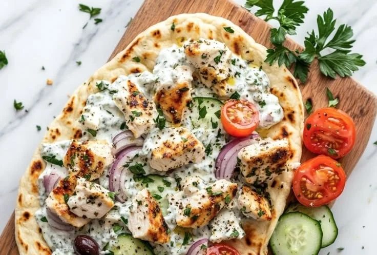 Greek-Style Chicken Flatbread with fresh vegetables and sauce