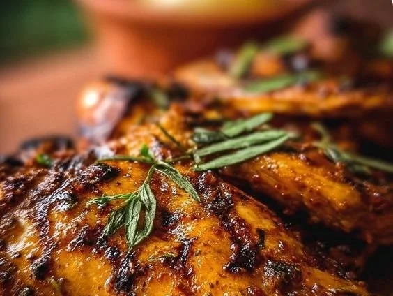 Delicious grilled marinated chicken served on a plate with fresh herbs.