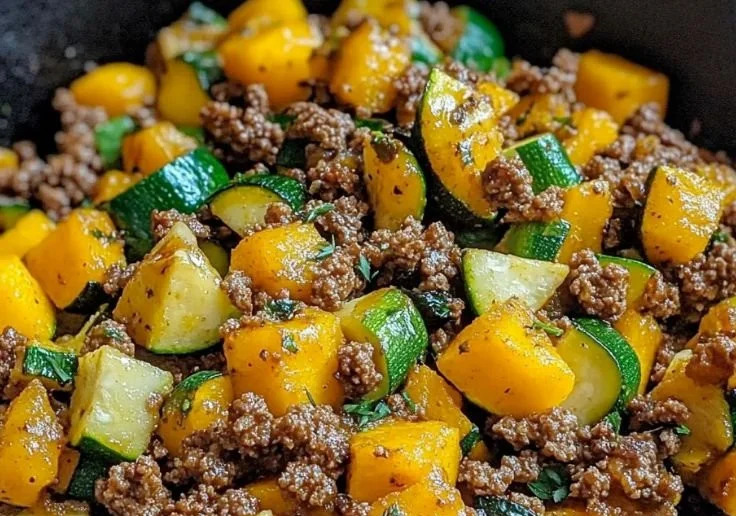 Ground Beef Zucchini Skillet with Sweet Potatoes in a vibrant skillet