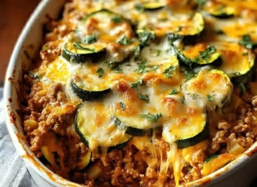 Delicious ground turkey zucchini casserole baked to perfection.