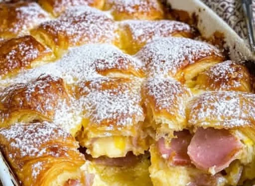 Ham and Cheese Croissant Breakfast Casserole baked and served in a dish