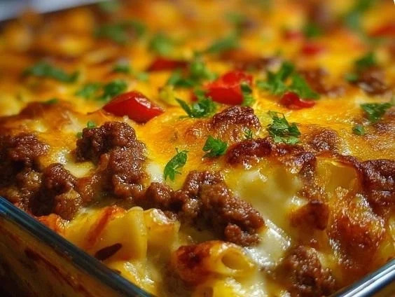 Delicious Hamburger Supreme Casserole topped with cheese and served hot.