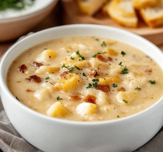 Delicious bowl of Hash Brown Potato Soup topped with green onions and crispy bacon
