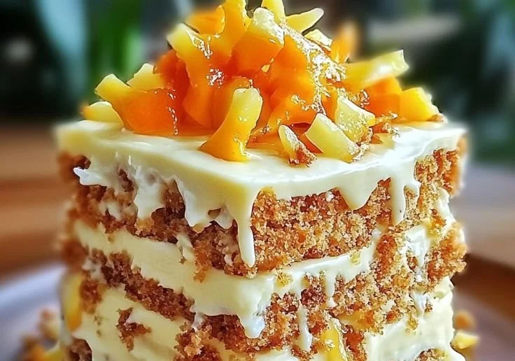 Hawaiian Carrot Pineapple Cake topped with cream cheese frosting