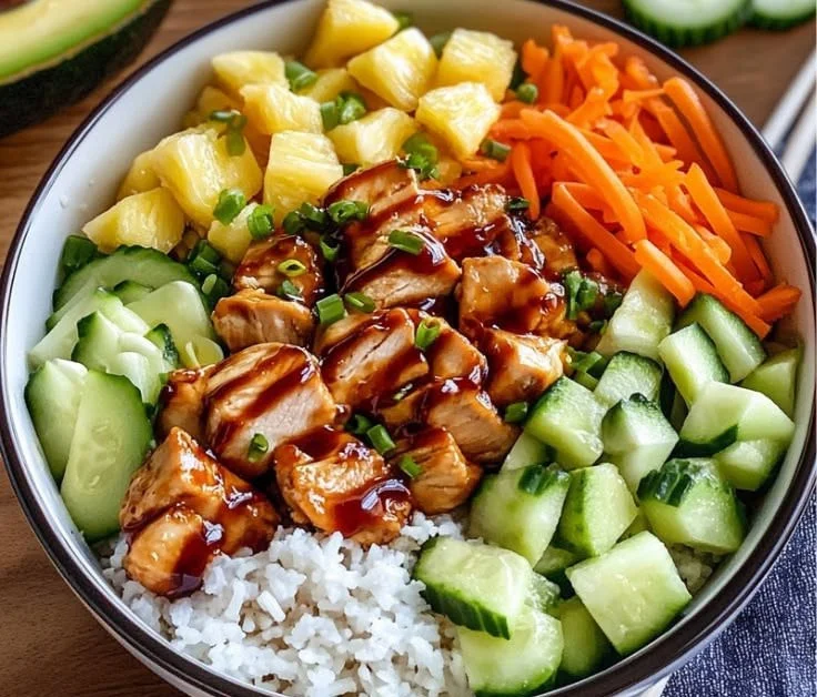 Delicious Hawaiian Chicken Poke Bowl served with fresh vegetables and rice