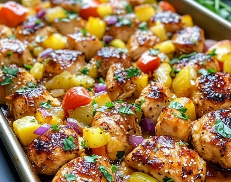 Hawaiian Chicken Sheet Pan Dinner with colorful vegetables and pineapple