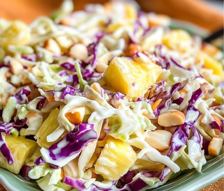 Hawaiian Pineapple Coleslaw served in a bowl with fresh ingredients
