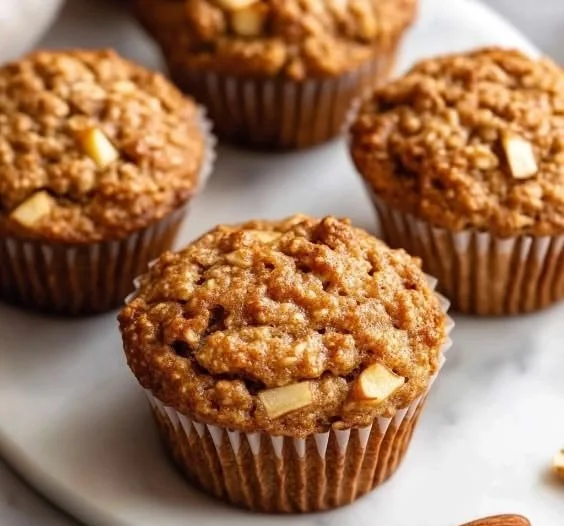 Healthy apple cinnamon oat muffins fresh out of the oven on a wooden table.